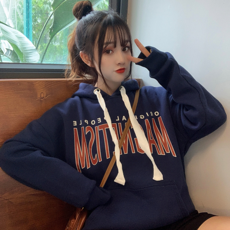 Real shot of 250g winter hooded sweater women's Plush thickened loose pocket letter printed coat