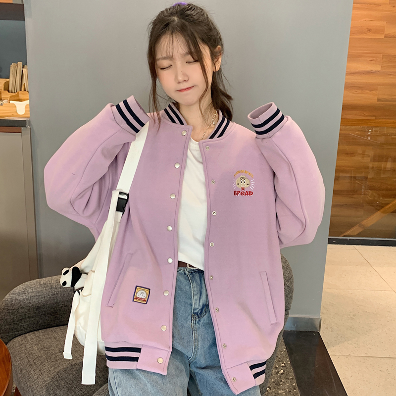 Real shot Baseball Jacket Women's jacket with plush thickening short style retro jacket