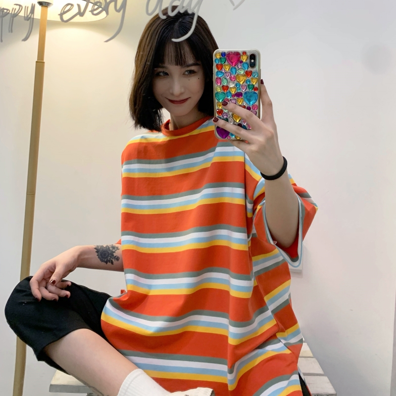 實拍實價短袖t恤女中長款條紋