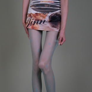 甜酷温柔风 袜女 搭萌宠短裙潮袜 浅灰透肤底蓝点连裤 西岭