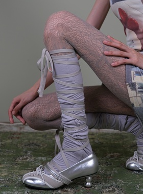 西岭【灰色绑带堆堆袜女 优雅复古风 搭配花纹丝袜银色鞋子潮袜