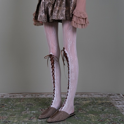 秋冬白色蕾丝绑带连裤袜女