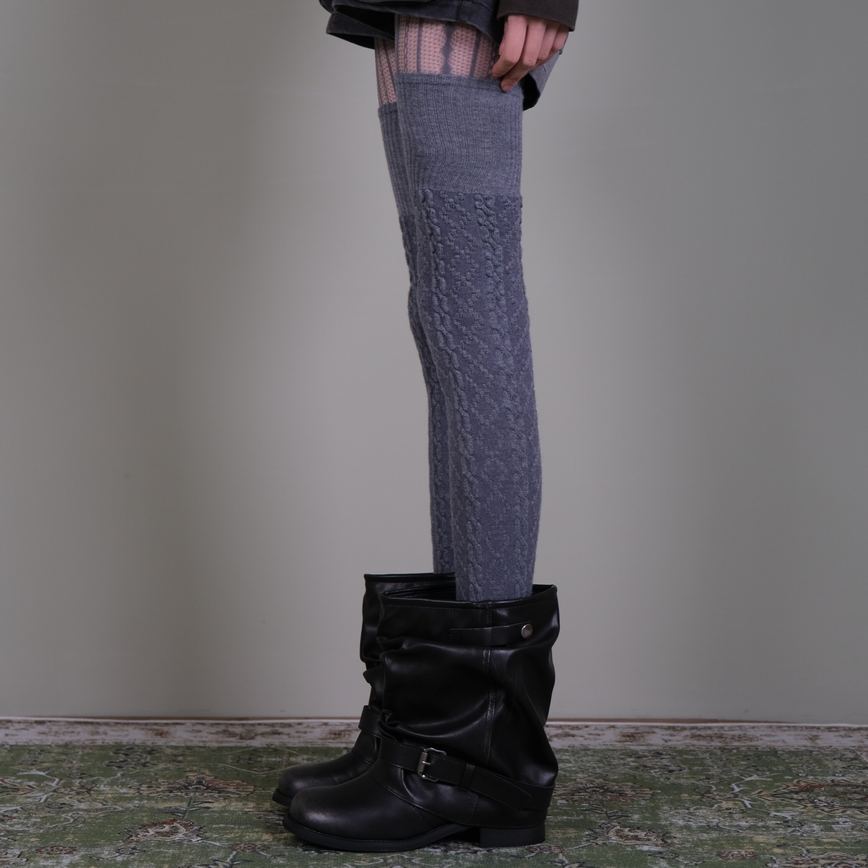 西岭【灰色羊毛针织绞花过膝袜女 复古潮酷风 搭做旧牛仔短裤,女士内衣/男士内衣/家居服,长筒袜,淘宝优惠券,粉丝福利购,淘宝优惠卷