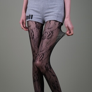 西岭【玫瑰蕾丝网袜女 复古甜酷风 搭灰色短裤潮袜