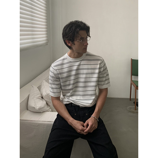 INKNOTS舒适弹性高智感简约条纹短袖 圆领休闲上衣 T恤男女宽松半袖