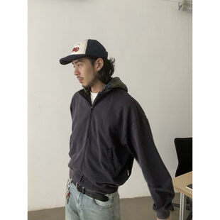 INKNOTS美式 复古宽松Boxy短宽拉链连帽卫衣男女潮牌拼接格子外套