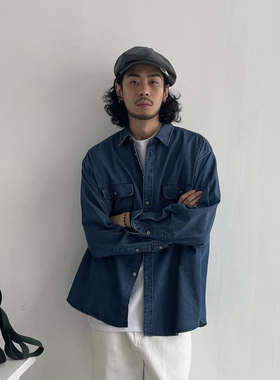 XXSTORE日系复古宽松基础水洗牛仔长袖衬衫简约日系廓型蓝色衬衣