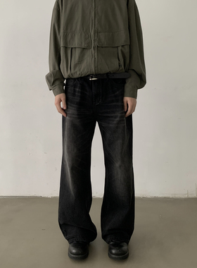 INKNOTS美式复古猫须做旧水洗直筒黑色牛仔裤男女宽松阔腿长裤潮