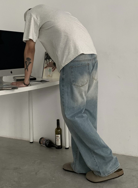 INKNOTS美式复古vintage水洗直筒浅蓝色牛仔裤男女cleanfit裤子潮