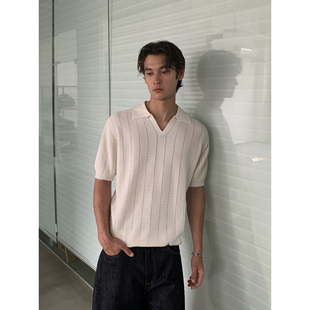 INKNOTS复古高智V领镂空羊毛针织polo衫 T恤老钱翻领上衣 男女短袖