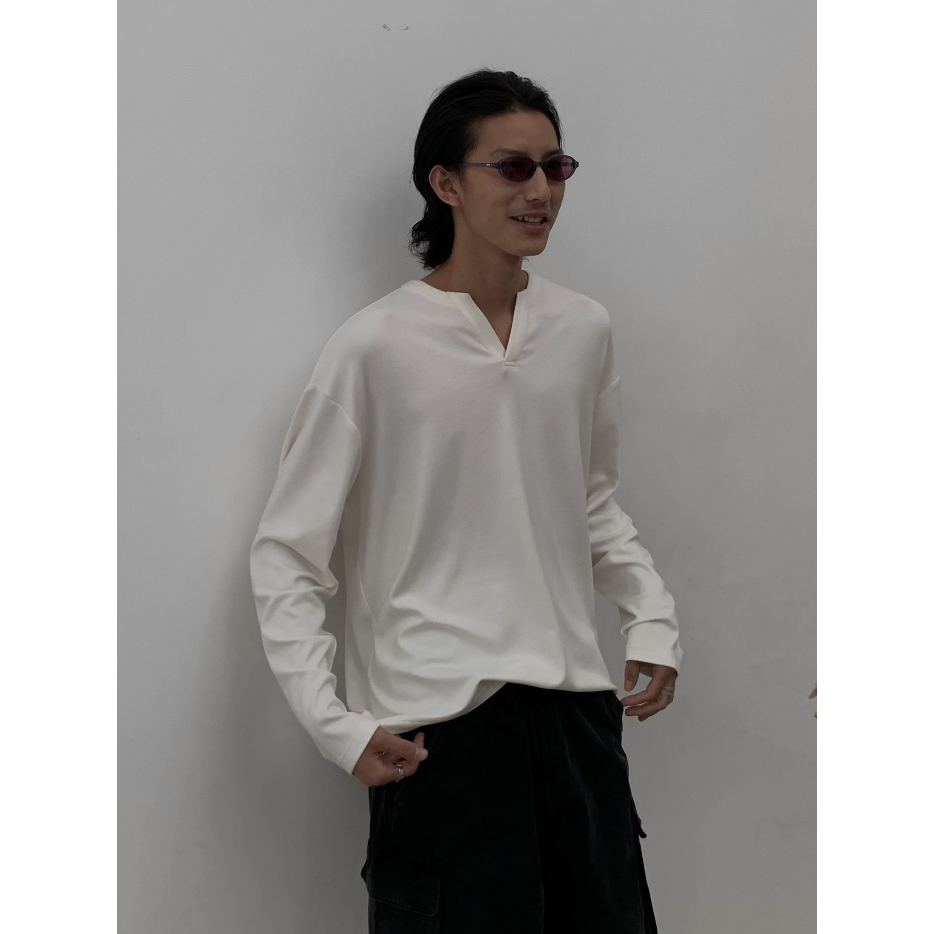 INKNOTS复古莫代尔羊毛醋酸长袖T恤男女亨利领V型落肩宽松上衣潮