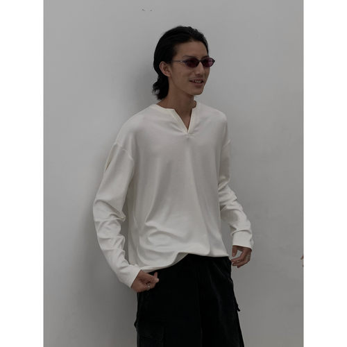 INKNOTS复古莫代尔羊毛醋酸长袖T恤男女亨利领V型落肩宽松上衣潮