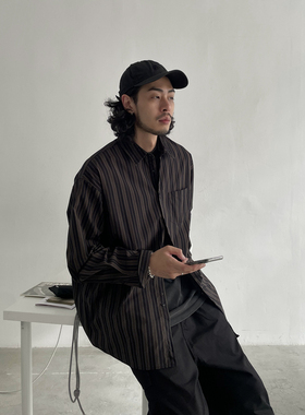 XXSTORE日系复古宽松剪裁竖条纹长袖衬衫男简约日系廓型黑色衬衣