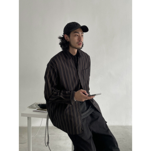 XXSTORE日系复古宽松剪裁竖条纹长袖 男简约日系廓型黑色衬衣 衬衫