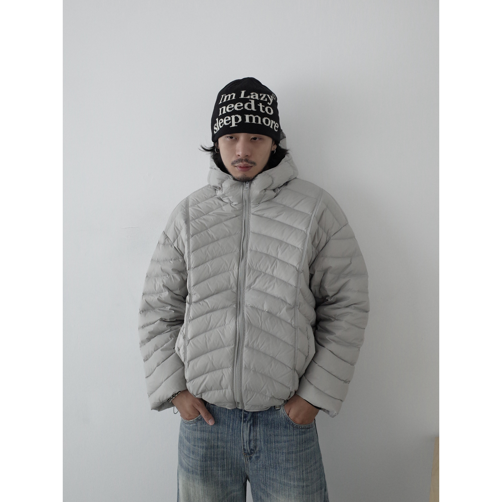 INKNOTS美式复古鱼骨羽绒服90鸭绒棉衣简约廓形短宽轻薄连帽外套