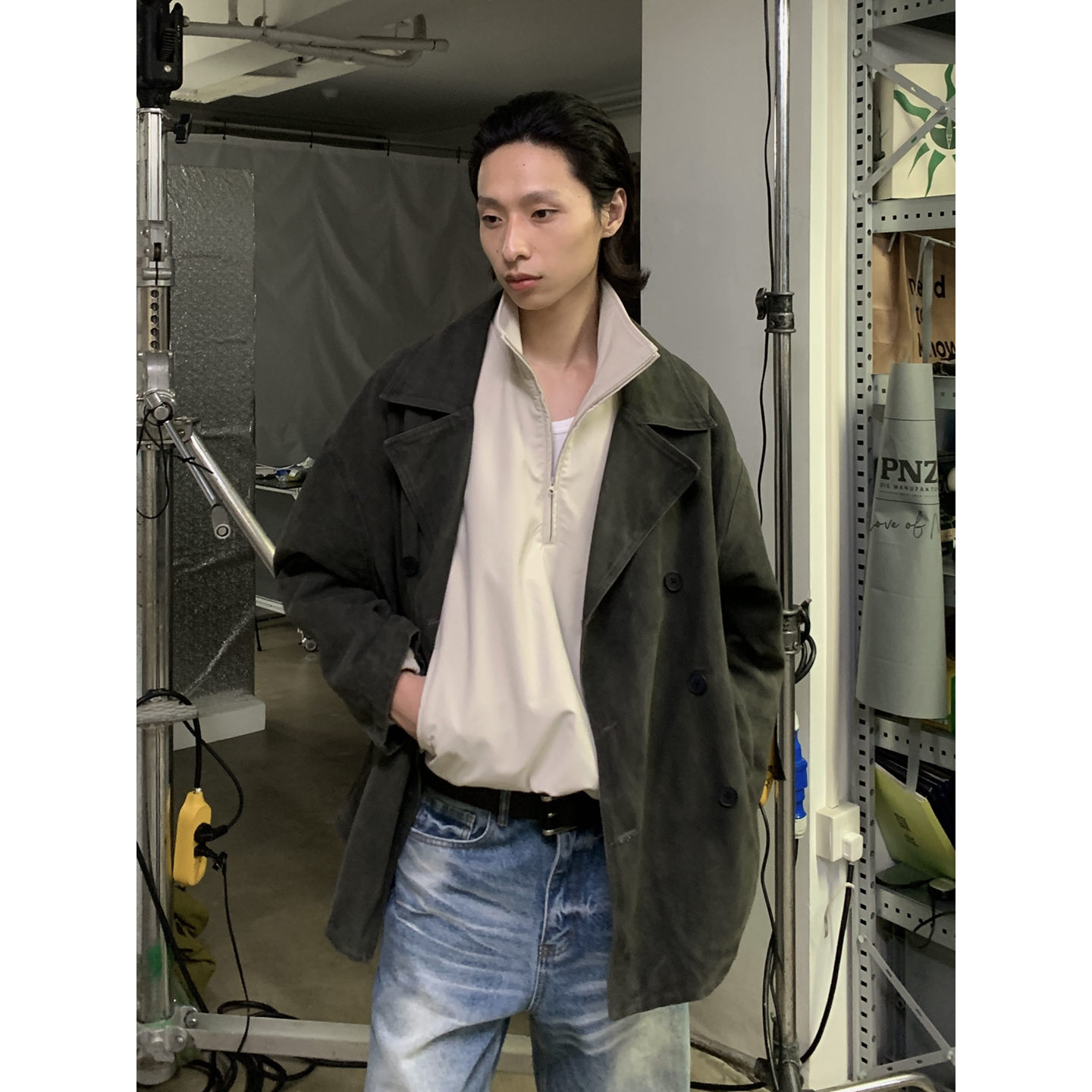 INKNOTS水洗做旧翻领双排扣外套