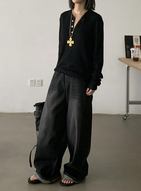 INKNOTS美式复古洗黑色廓形宽松直筒baggy牛仔裤男女阔腿休闲裤潮