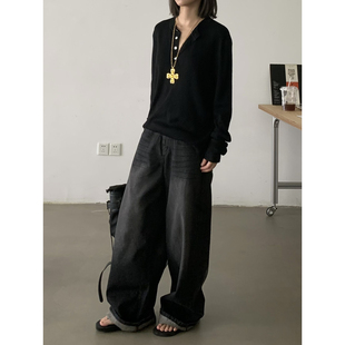 潮 男女阔腿休闲裤 INKNOTS美式 复古洗黑色廓形宽松直筒baggy牛仔裤