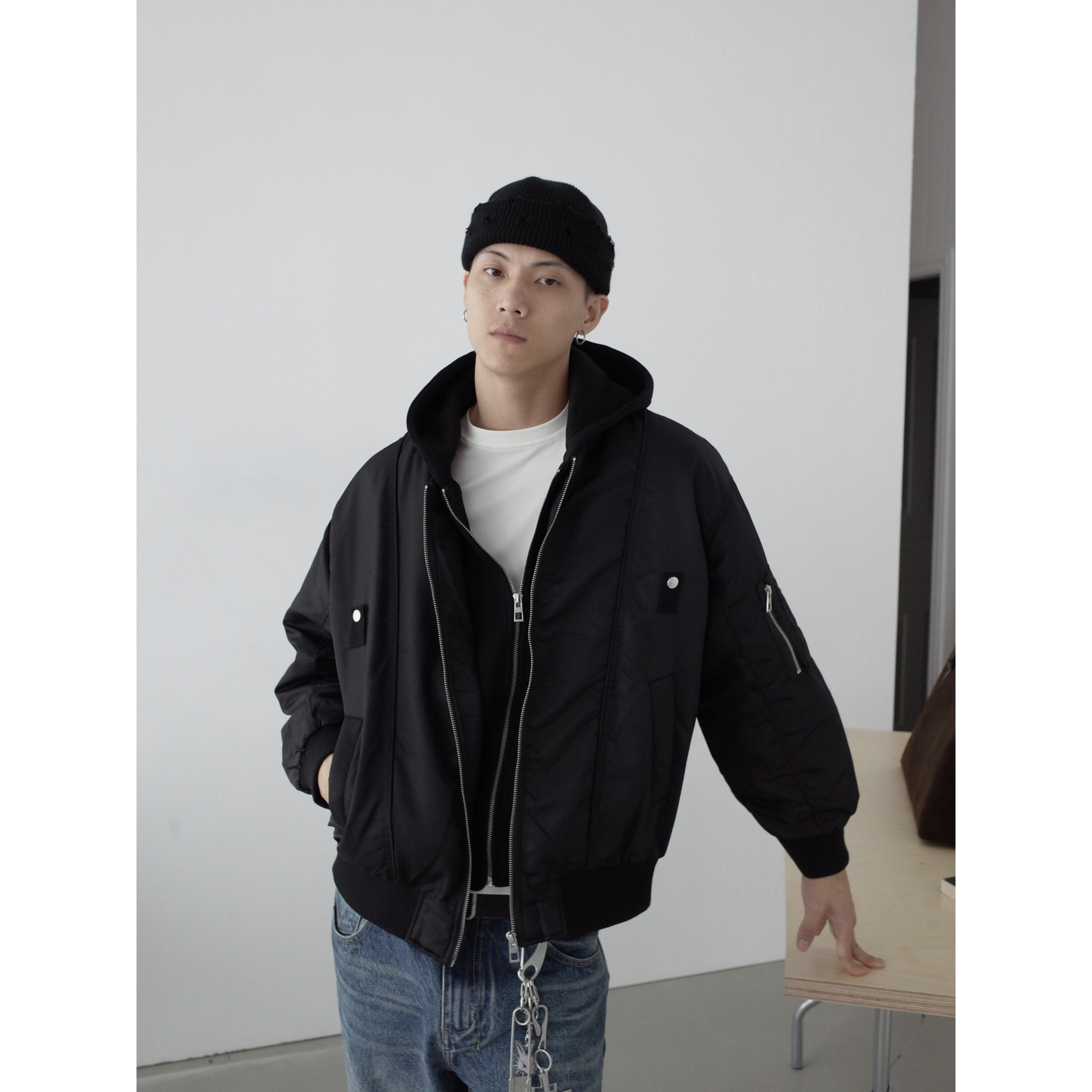 INKNOTS假两件连帽双拉链棒球服