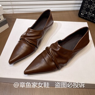 法式粗跟软皮舒适褶皱深口尖头单鞋女时尚小皮鞋老钱风时装女鞋