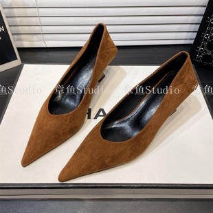 简约百搭气质浅口职业通勤瓢鞋 5cm细跟绒面尖头单鞋 新款 秋季 女鞋