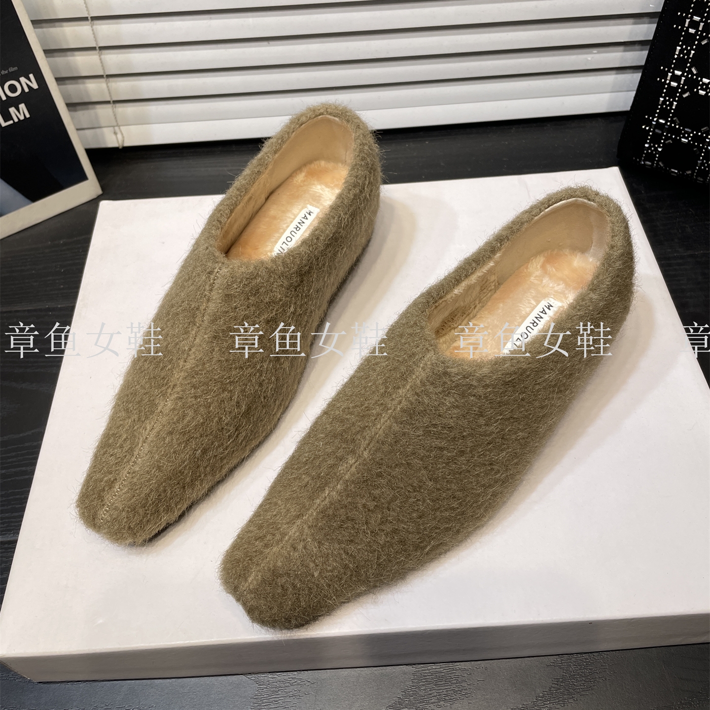 秋冬方头毛呢内增高深口单鞋