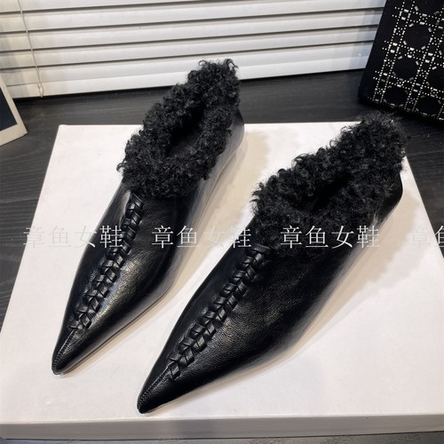 复古手工编织加绒深口尖头单鞋