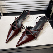 高跟鞋 女后空猫跟尖头单鞋 气质晚晚风温柔交叉带细跟包头凉鞋 法式