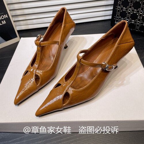 T字扣玛丽珍鞋镂空细跟尖头单鞋