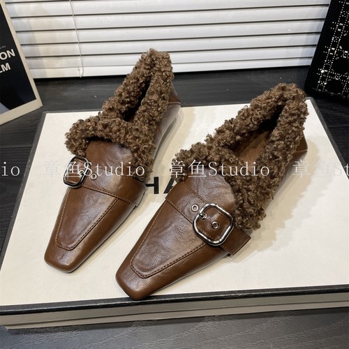 新款粗跟加绒深口单鞋毛毛鞋