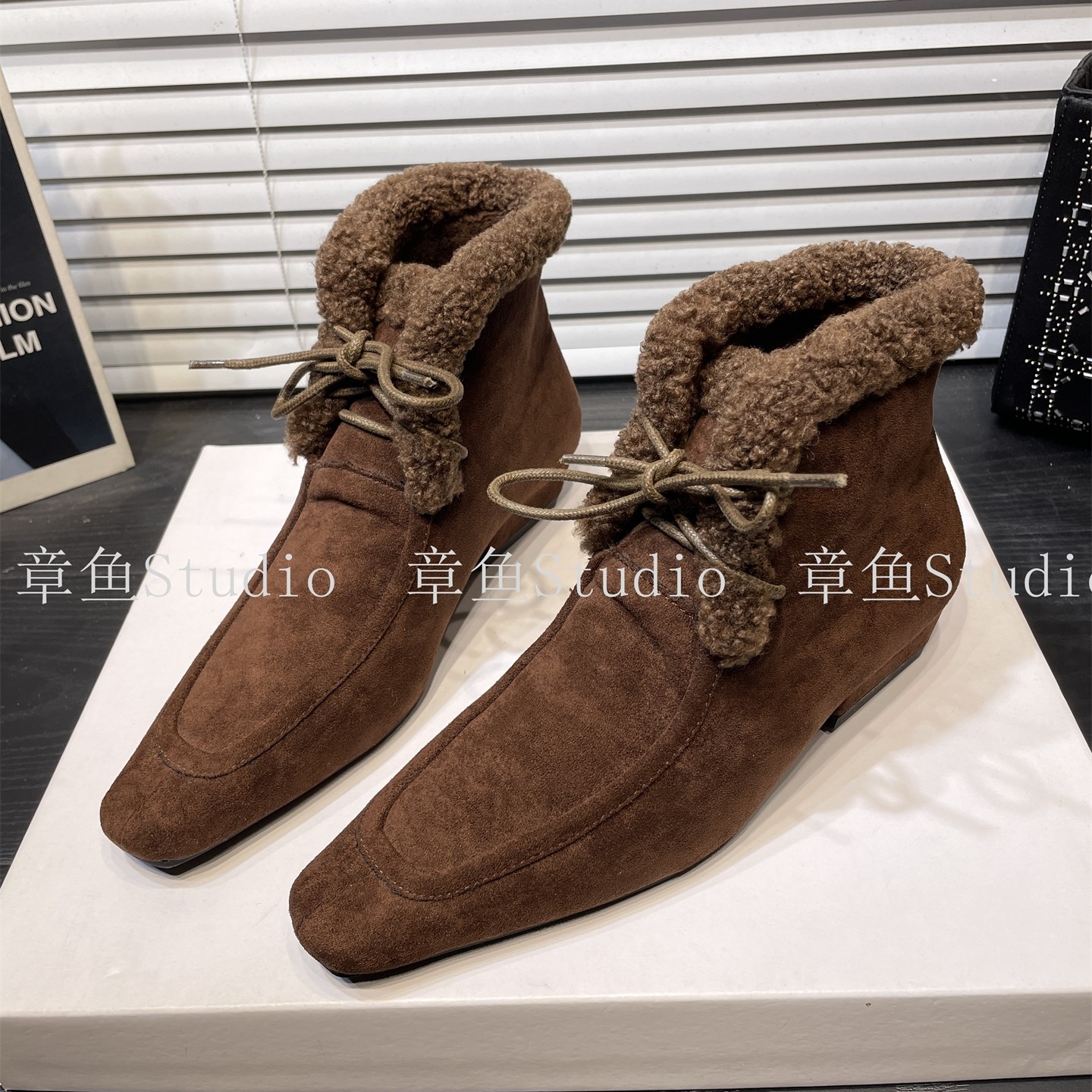 2025秋冬新款法式复古粗跟方头系带加绒短靴女低跟保暖棉靴雪地靴,女鞋,时装靴,淘宝优惠券,粉丝福利购,淘宝优惠卷