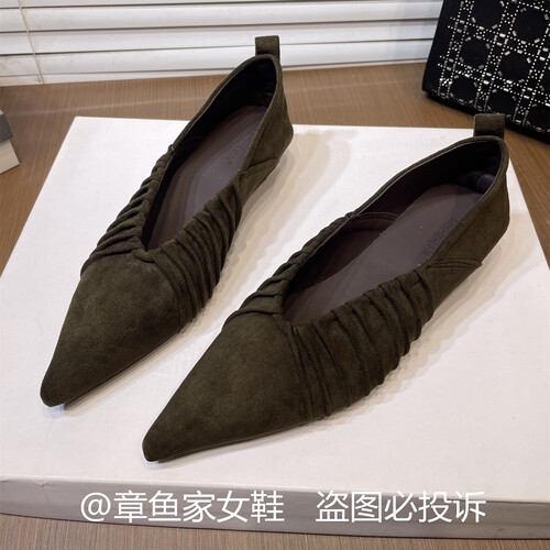 法式复古褶皱绒面尖头深口单鞋女