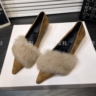 浅口加绒内里保暖气质低跟尖头单鞋 女时尚 3公分小跟鞋 秋冬毛毛鞋