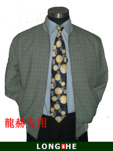 龍赫品牌折扣男式中老年浅色格子商务休闲立领夹克加肥加大码外套