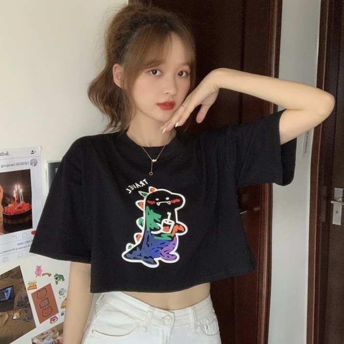 Short sleeve girl's feeling short Korean fashion student's loose high waist navel revealing thin age reducing top summer