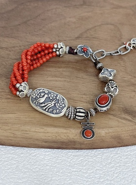 925纯银喜上眉梢小花南红玛瑙手链 复古做旧重工手工手串手环饰品