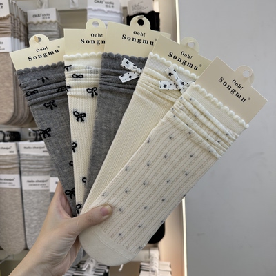 5双包邮songmu蝴蝶结袜子女中筒袜夏季薄款棉袜网眼波点芭蕾风