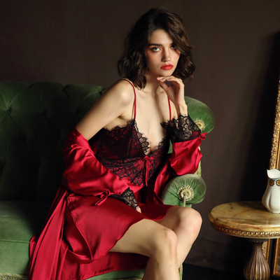 红色两件套性感深v吊带真丝睡衣