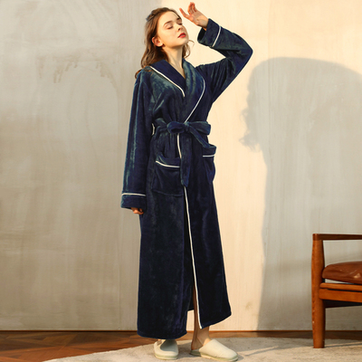 冬季女款法兰绒加厚睡袍简约纯色