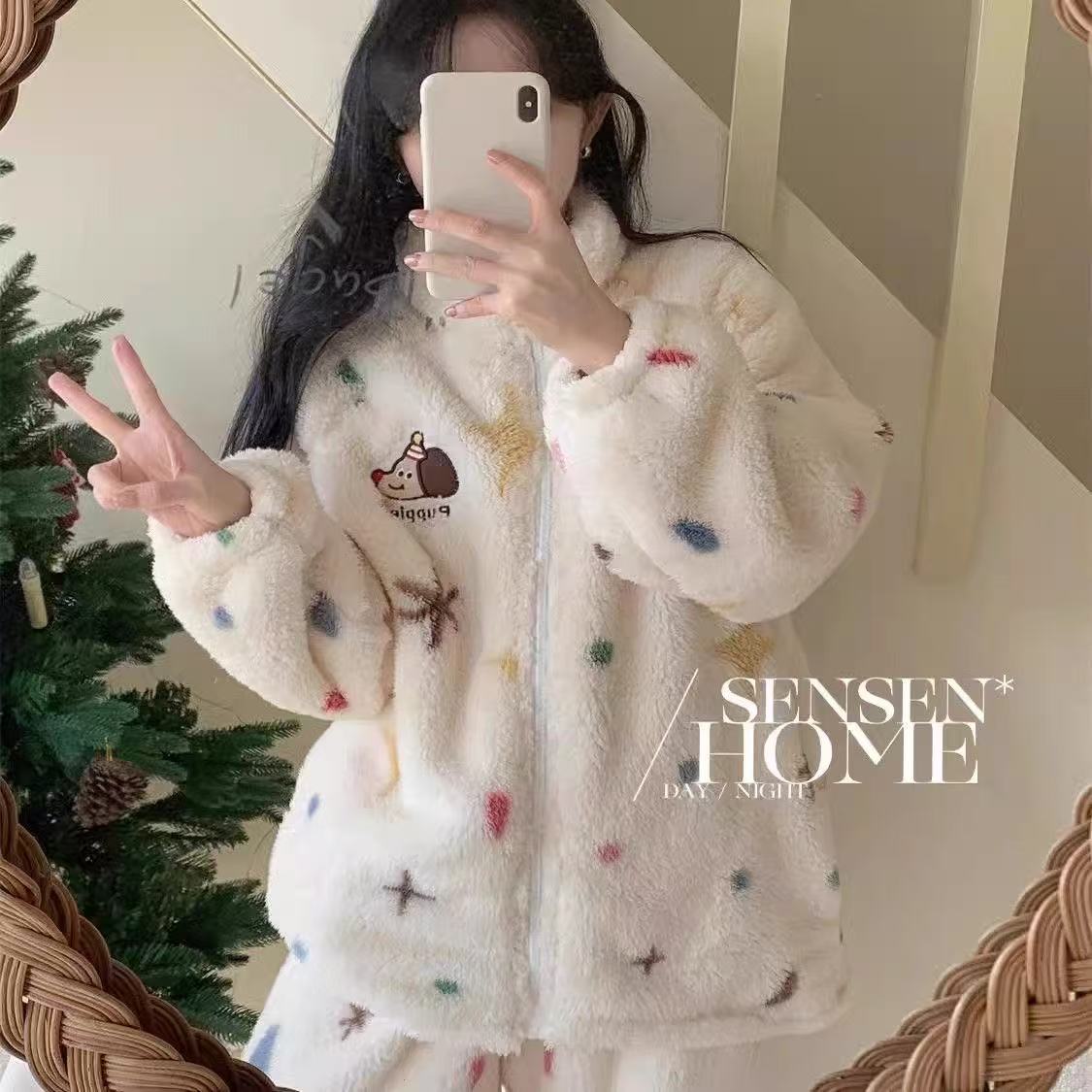 秋冬季长毛绒拉链女睡衣甜美可爱