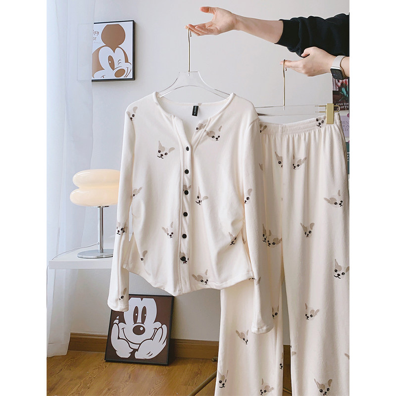 睡衣小狗秋冬季海岛绒女长袖长裤