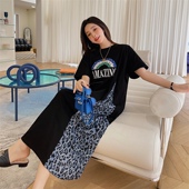 宽松长款 大码 过膝假两件连衣裙 T恤裙女夏季 胖mm300斤豹纹拼接短袖