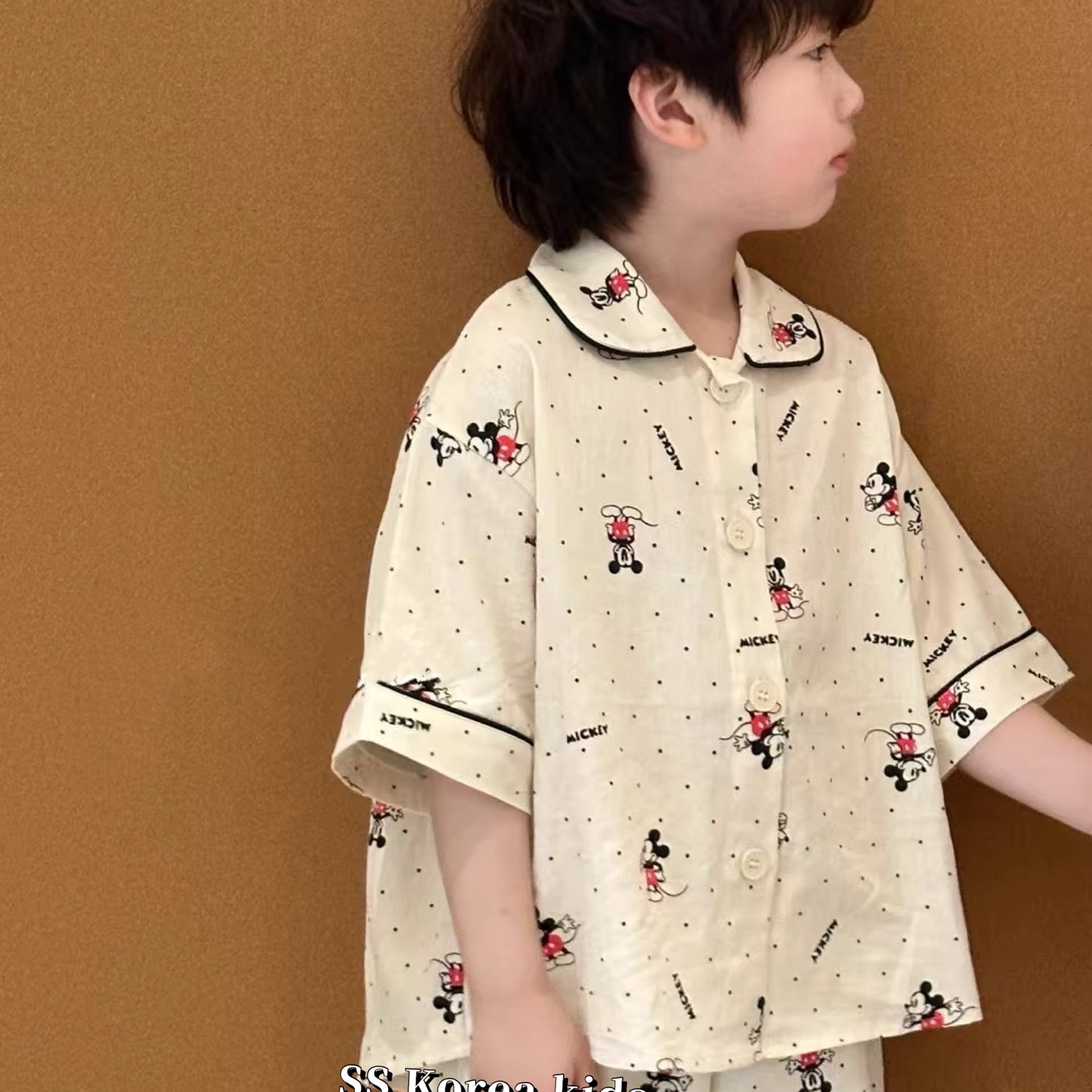 儿童睡衣短袖长裤米奇中大童男女孩夏季翻领开衫家居服内衣套装