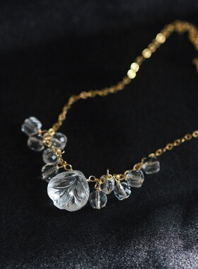 印度好品质天然全净体白水晶双面雕花14K包金锁骨链轻奢原创项链