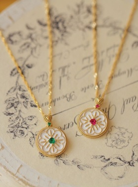 复古轻奢滴釉吊坠纯银镀金锁骨链