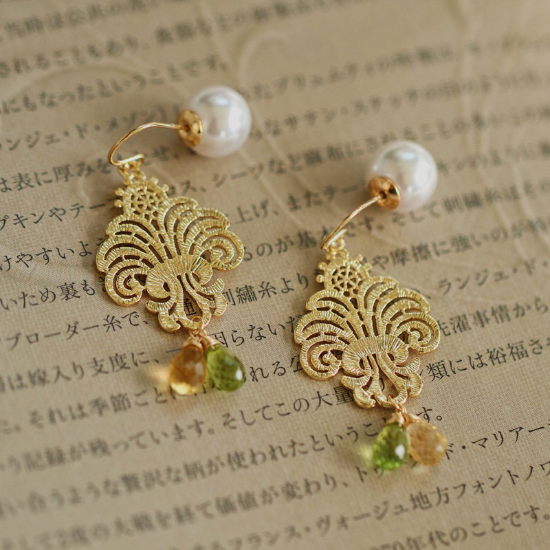 复古刻面蕾丝水滴包金耳环珍珠