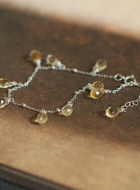 *秋意渐浓*印度天然黄水晶水滴925纯银豆豆链珠链原创流苏手链女