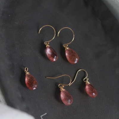 微微瑕特卖*印度天然大颗粒草莓晶水滴吊坠14K包金原创耳环仙女