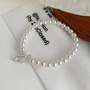 花漾小姐 甜美S925银人造仿珍珠蝴蝶结手链公主风千金手饰