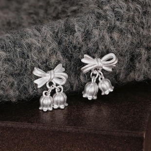 铃兰心语S925纯银小众设计感铃兰花蝴蝶结耳钉女甜美花朵螺帽耳饰
